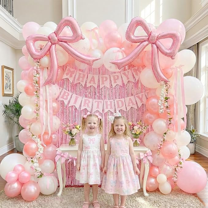 Pink Bow Party Decorations - Coquette Birthday Decorations Include Banner Pearl Pink White Printed Balloons Metallic Tinsel Foil Fringe Curtains Ribbon Bow Theme Supplies for Girls Bachelorette Decor