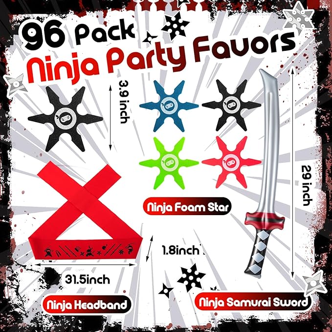Deekin 48 Pcs Ninja Karate Party Favors Include Inflatable Sword Throwing Foam Star Toys Karate Headband for Ninja Theme Party Decoration Supplies Goodie Bag Filler Gift Costume Accessories