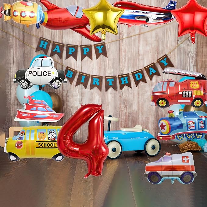 12pcs Transportation Balloons, Truck Plane School Bus Fire Truck Police Car Ship Ambulance Submarine Foil Balloon, Transportation 4th Birthday Vehicles Theme Party Supplies Decorations (4th)