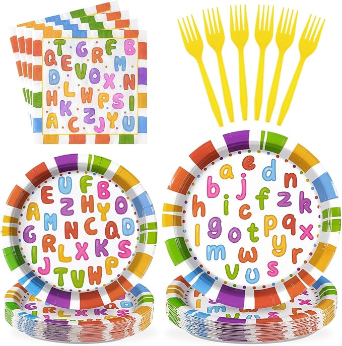 Grencian 96Pcs Alphabet Number Party Supplies Colorful Alphabet Number Plates and Napkins Disposable Paper Tableware Set for Kids Boys Girls Numbers Games Baby Shower Party Supplies, Serves 24