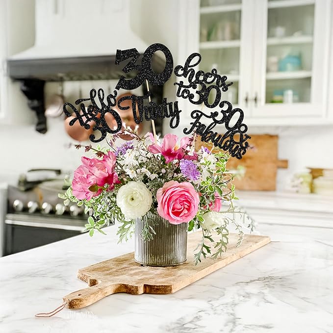 Gyufise 15Pcs 30th Birthday Centerpiece Sticks Thirty Happy 30th Table Flower Centerpieces Sticks Cheers to 30 Floral Decorations for 30th Birthday Party Centerpieces Supplies Black
