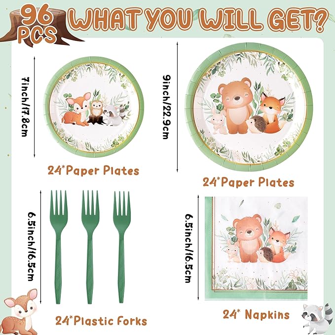 96Pcs Woodland Animal Baby Shower Greenery Wild Creatures Forest Party Plates Supplies Tableware Decoration Disposable Paper Plate Napkin Fork for Birthday, Serves 24