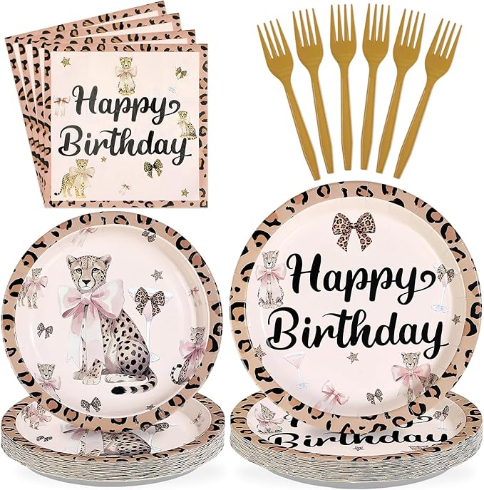 96 Pcs Cheetah Bow Birthday Decorations Leopard Print Plates and Napkins Disposable Pink Bow Cheetah Tableware Set for Girls Women Jungle Safari Animal Birthday Party Supplies Serves 24