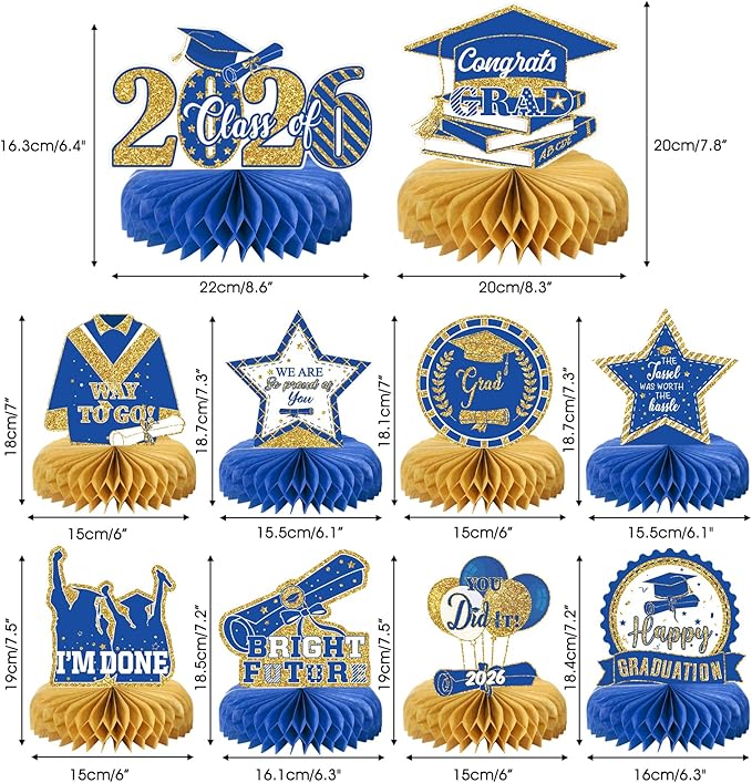10PCS Graduation Party Decorations Class of 2026 Congrats Grad Table Centerpieces Congratulate Graduation Honeycomb Table Toppers for Graduation Party Supplies(Blue Gold)