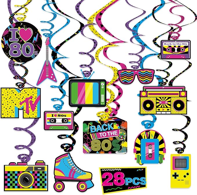 Bessmoso 28PCS 80s Party Decorations – Retro Hanging Swirls & Ceiling Streamers for 1980s Throwback Birthday, Neon Back to The 80’s Party Supplies