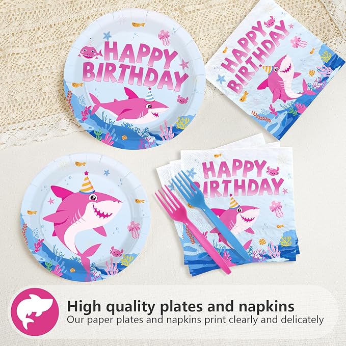 96Pcs Pink Shark Birthday Party Decorations for Baby Girl Shark Plates and Napkins Pink Babyshark Tableware Set for Girls Ocean Beach Under The Sea Birthday Party Supplies，Serves 24