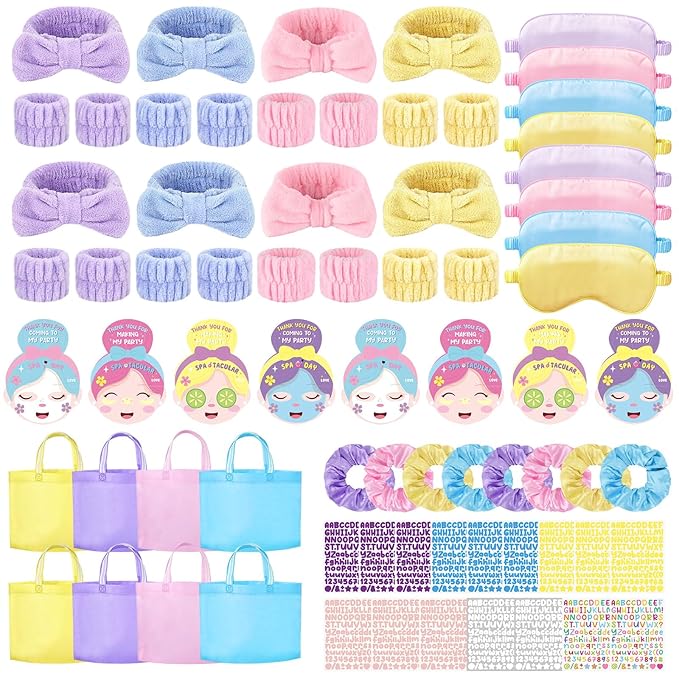 72 Pcs Spa Sleepover Party Supplies for Girls With DIY Stickers And Greeting Card Mix Color Headband Wristbands Eye Mask Hair Scrunchie Tote Bag Sleeping Slumber Party Favors