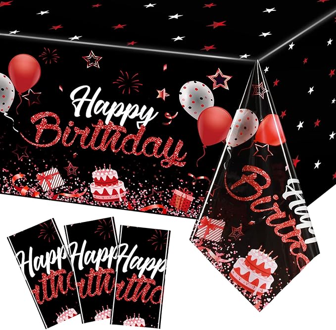 Breling Birthday Party Supplies Confetti Sprinkles Happy Birthday Tablecloths Starry Table Covers for Party Decorations, 54 x 108 Inches(Red and Black,3 Pack)