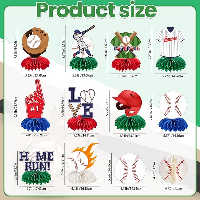 kockuu 12 Pcs Baseball Centerpieces for Party Table Decorations, Double-sided Baseball Honeycomb for Birthday Sports Theme Decor Supplies Favors