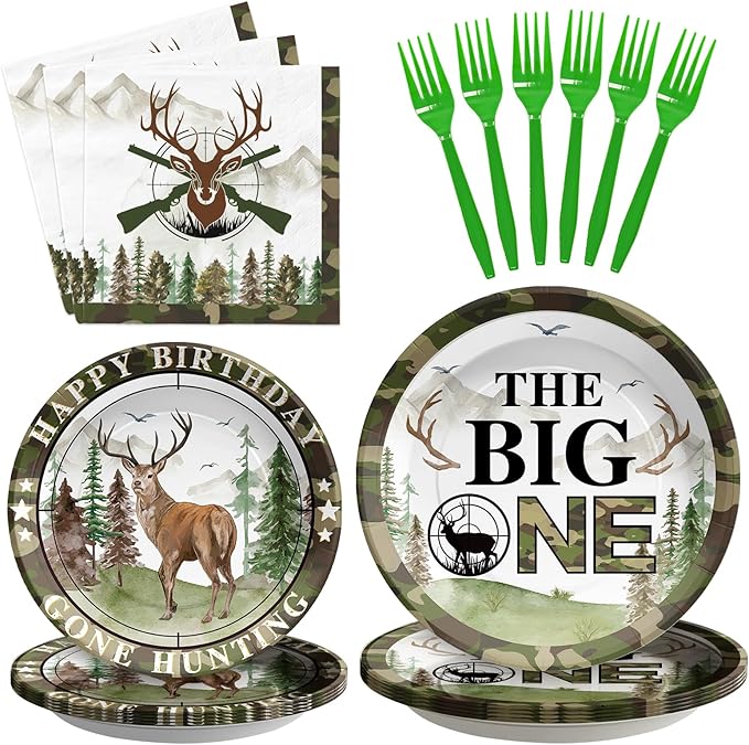 96Pcs The Big One Hunting 1st Birthday Party Decorations The Big One Plates and Napkins Disposable Hunting Camo Tableware Set for Boy Gone Hunting Deer Camo Theme First Birthday Party Supplies Serve24