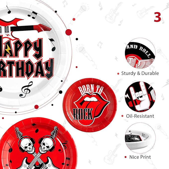 Grencian 60 Pcs Rock Theme Party Paper Plates for Music Birthday 9” 1950's Record Party Decorations Disposable Guitar Dessert Cake Tableware for Halloween Kids Baby Shower 50s 60s Theme Parties