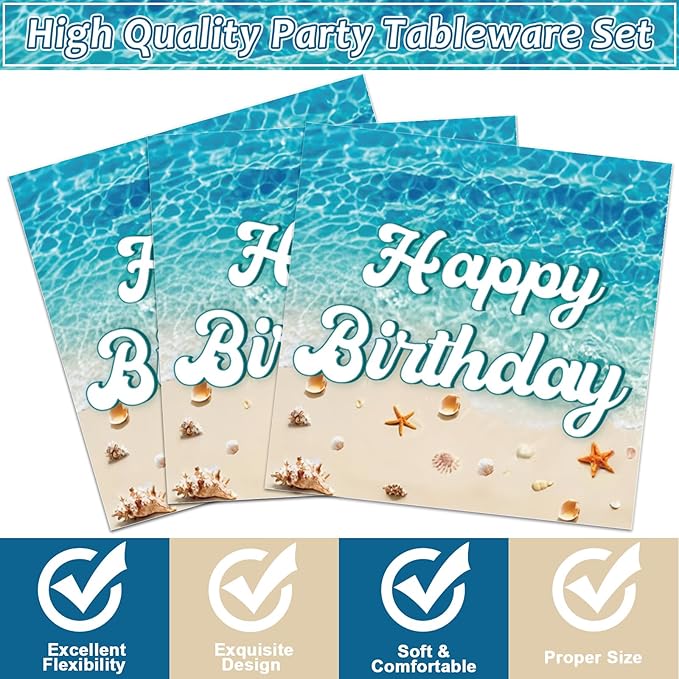 CHUNNIN 96Pcs Beach Happy Birthday Plates and Napkins Ocean Waves Ocean Seashell Party Decorations Beach Themed Party Dessert Plates Summer Pool Tableware for 24 Guests Hawaiian Supplies