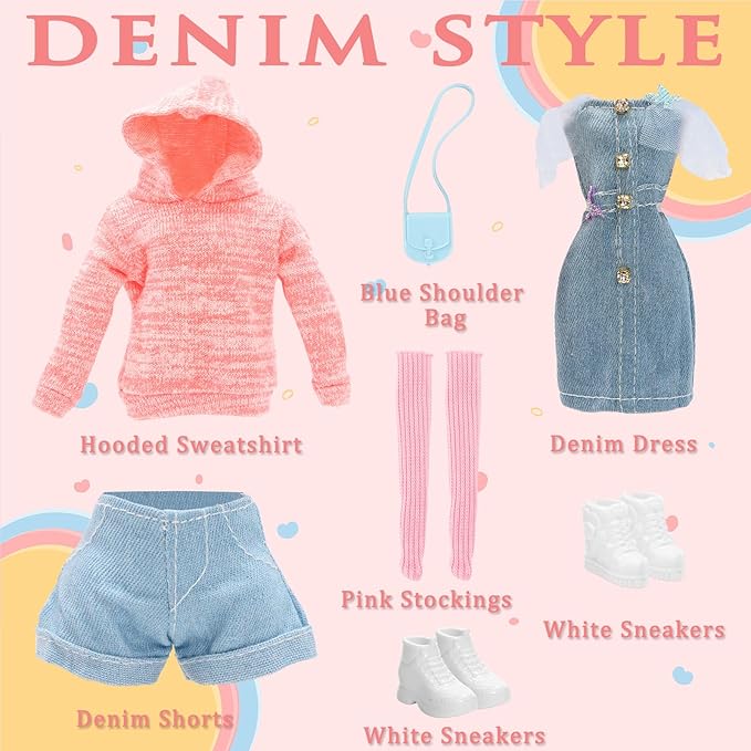 15 PCS Doll Clothes & Accessories Includes 5 Stylish Doll Outfit, Hooded Wear, Dress, Jacket, Casual Clothing with 5 Pairs of Shoes 5 Accessories for 11.5 Inch Girl Dolls Fashion Set