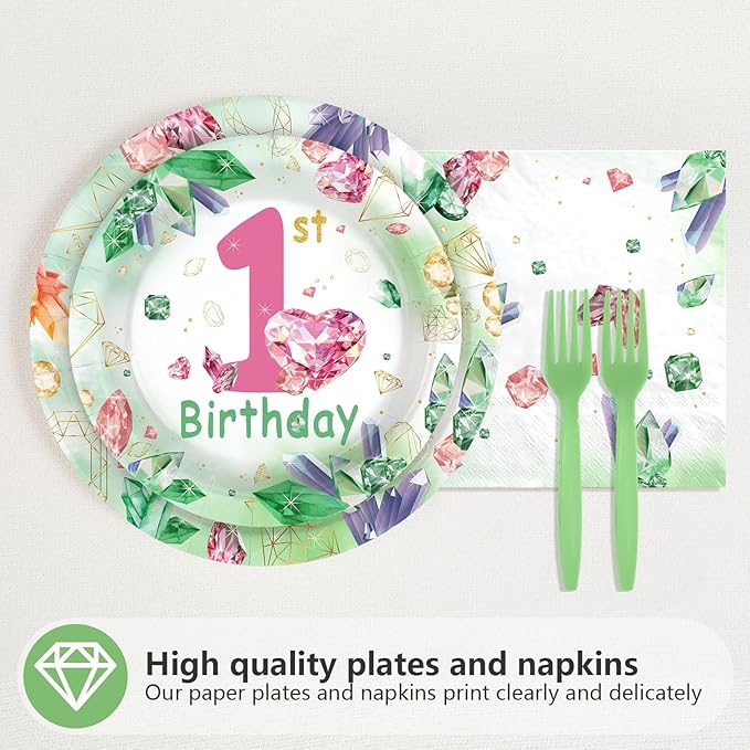 96Pcs 1st Birthday Party Supplies Gem Stone Plates and Napkins Our Little Precious Gem is Turning One Green Crystal Jewel Tableware Sets for 1st Birthday Girl Boy One Year Old Party Serve 24