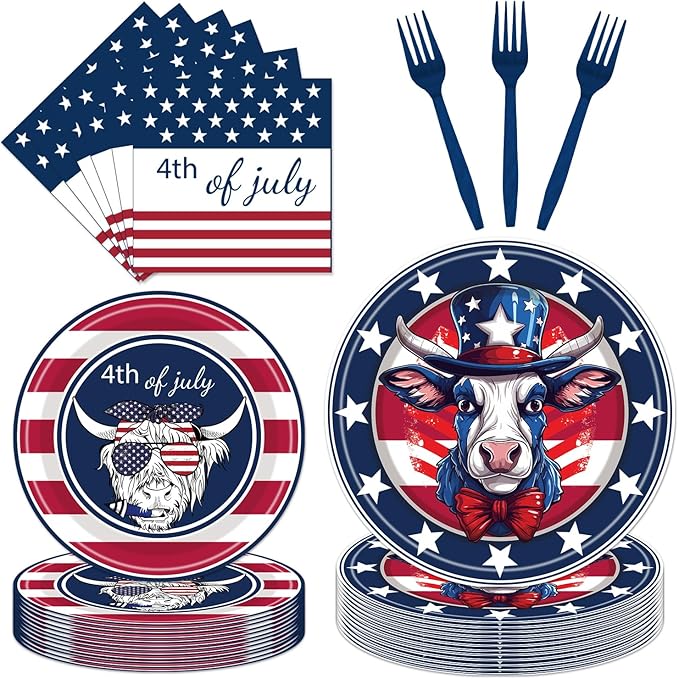 Highland Cow Patriotic Party Supplies - 96PCS Plates and Napkins Tableware Disposable Dinnerware Serve 24 Guests American Flag Patriotic 4th of July Memorial Veterans Day Party Decorations Supplies