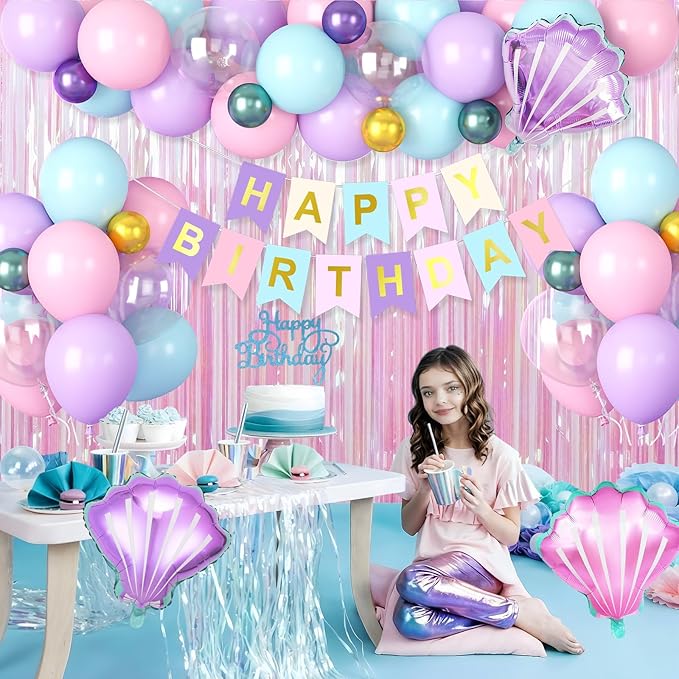 Mermaid Birthday Decorations Supplies, Purple Pink Teal Blue Balloons Happy Birthday Banner Cake Topper Shells Foil Balloon Pink Fringe Curtain for Women Girls Kids Party Decorations