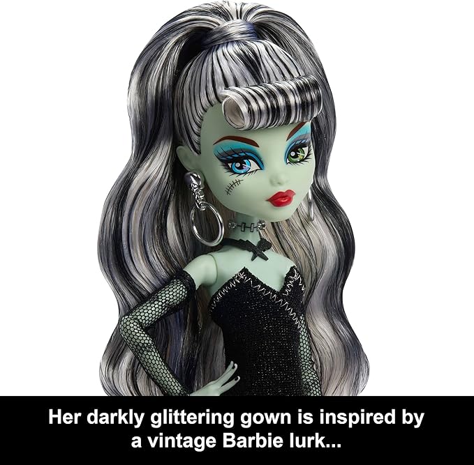 Monster High x Barbie Frankie Stein Doll with Original Barbie-Inspired Swimsuit and Solo in The Spotlight Black Evening Dress, Accessories
