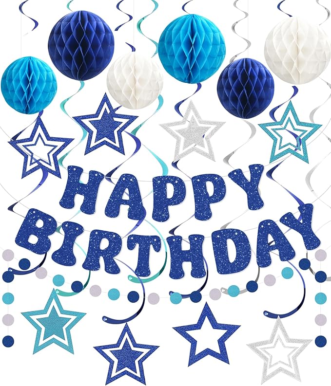 Amandir Birthday Decorations for Boys Men, Glitter Happy Birthday Banner with Honeycomb Balls, Star Hanging Swirls Streamers, Circle Dots Garland, Blue Birthday Party Decorations Supplies Girls Women