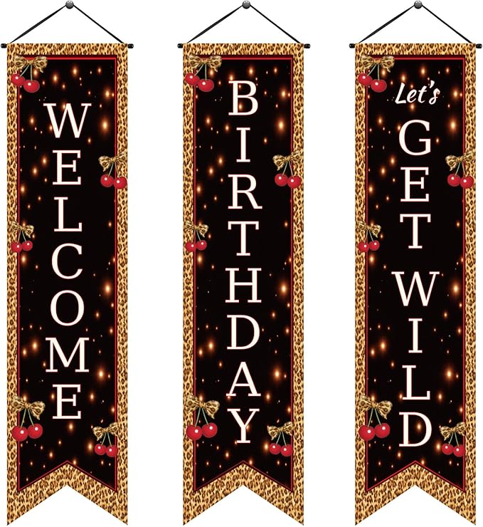 3 Pcs Party Decorations Banners Porch Sign Hanging Flags Photo Props Backdrop Supplies for Outdoor Door Wall Yard Birthday Baby Shower (Cheetah Cherry)