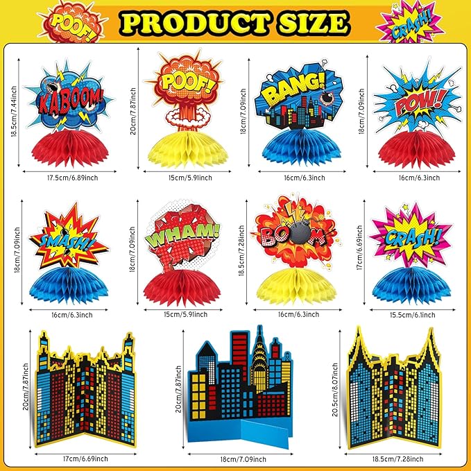 Funrous 11 Pieces Hero Party Decoration Hero Honeycomb Centerpieces 3D Table Topper Paper Large Word Centerpieces Fun Action Sign Standing Card for Birthday Baby Shower Decor Supplies(Classic)