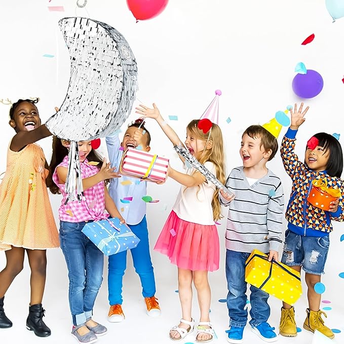 Silver Foil Moon Pinata with Stick and Blindfold Pull String Moon Pinata for Kids Birthday Party Decorations Baby Shower Gender Reveal Party Supplies