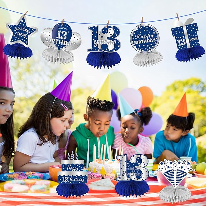 Kauayurk 8Pcs 13th Birthday Decorations Table Centerpiece Party Supplies for Boy, Blue Silver Happy 13 Year Old Birthday Honeycomb Centerpieces Decor, Thirteen Birthday Table Topper