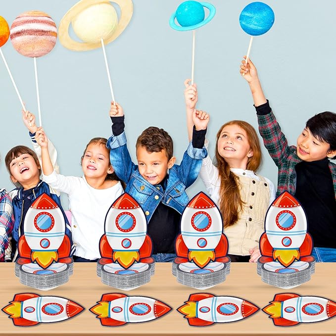 50 PCS Rocket Ship Paper Plates for Outer Space Birthday Party Supplies Disposable Solar System Themed Party Dessert Plates Starry Night Baby Shower Party Galaxy Birthday Themed Decoration Kids
