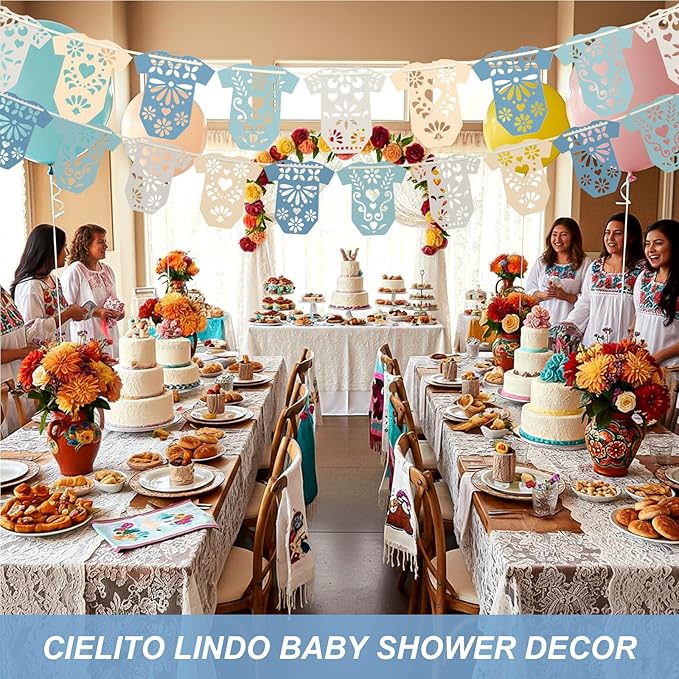 4 Set Cielito Lindo Baby Shower Garland 48 Pcs Blue Papel Picado Party Decorations Mexican Lace Baby Bodysuit Banner Card with Hanging String for Gender Neutral Party Supplies