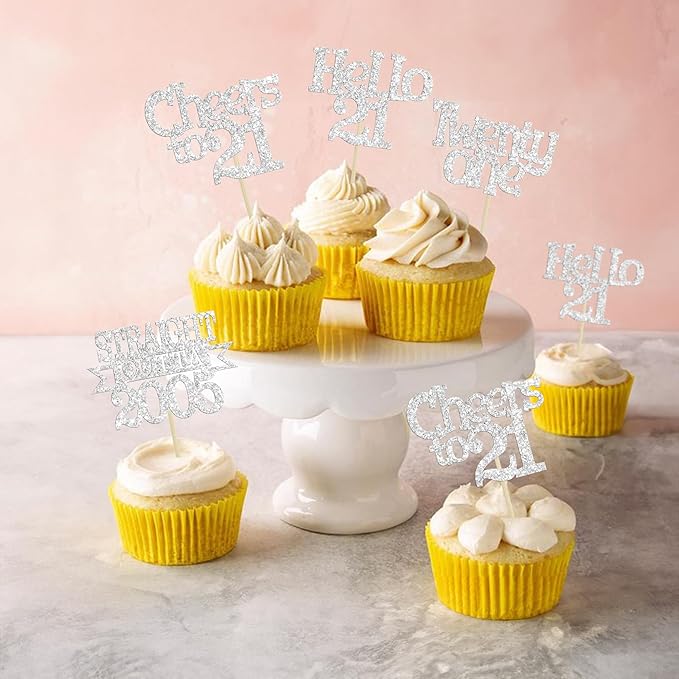 Ephlyn 24Pcs 21st Birthday Cupcake Toppers Glitter Straight Outta 2005 Cupcake Picks Hello 21 Cheers to 21 Years Cake Decorations for 21st Birthday Anniversary Party Decorations Supplies Silver