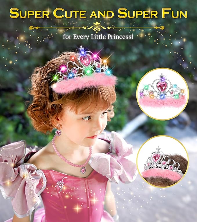 Princess Crown Tiara for Little Girls Princess Dress Up Accessories, Light Up Tiara Wand Toy Gifts for 3-6 Girl