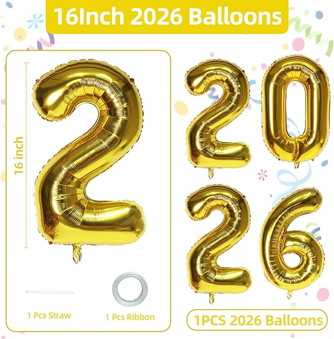 KALOR 16 Inch 2026 Gold Foil Number Balloons, 2026 New Years Decorations for 2026 Happy New Year Eve and Graduations Party Supplies
