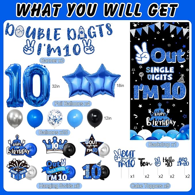 10th Birthday Decorations for Boys Blue, Double Digits Birthday Party Supplies with Out Single Digits I'm 10 Backdrop Balloons Glitter Banner for 10 Year Old Birthday Decoration