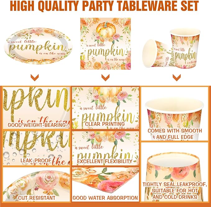 Hushee 200 Pcs Little Pumpkin Baby Shower Paper Plates Napkins Cups Baby Shower Party Supplies Tableware Set Yellow Disposable Cup Napkin for 50 Guest Autumn Thanksgiving Party Decoration