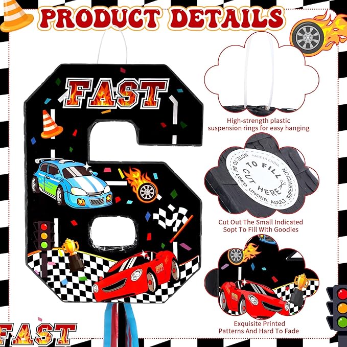 Race Car Piñata Pull String Cars Piñatas for Birthday Party Decorations Number 2 3 4 5 6 with Blindfold Stick Small Red Black Racing Theme 2nd 3rd 4th 5th 6th Party Supplies