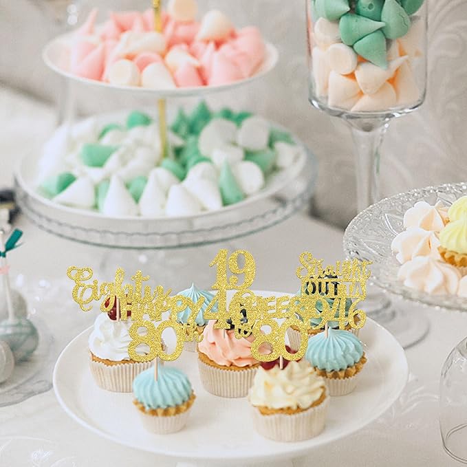 30PCS Happy 80th Birthday Cupcake Toppers Gold Glitter Eighty Straight Outta 1946 Cupcake Picks 80 Fabulous Cake Decorations for 80th Birthday Anniversary Party Decoration Supplies