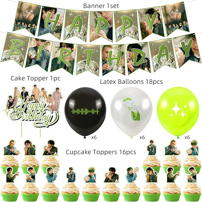 Birthday Party Supplies,MeiYiYou Birthday Decorations Set - Banners,Cake Toppers,21PCS Cupcake Toppers Perfect for Boys and Girls(Green)