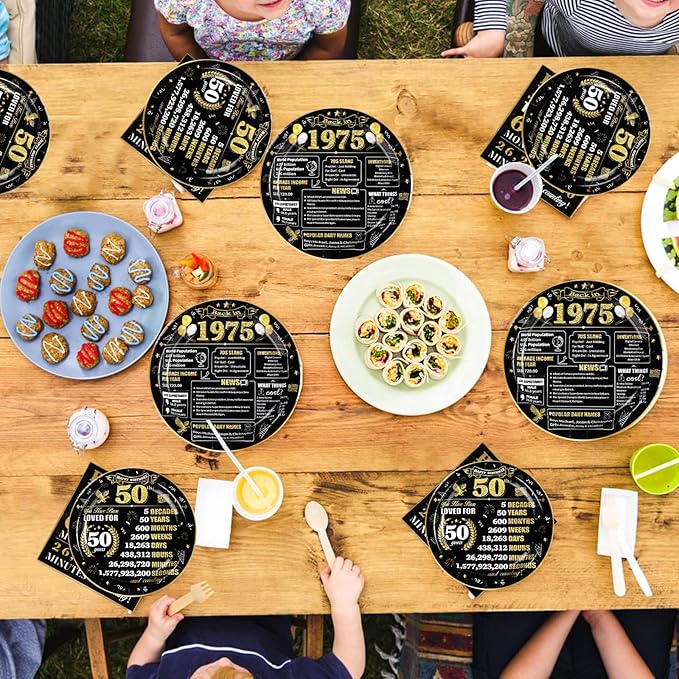 Grencian 96 Pcs 50th Birthday Plates and Napkins Tableware Set Disposable Black and Gold Back in 1975 50th Birthday Decorations for Men Vintage 50 Years Anniversary 1975 birthday Decorations Serves 24