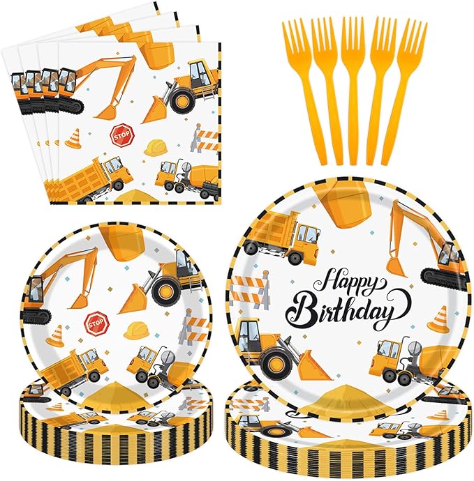 96 Pcs Construction Plates and Napkins Party Supplies, Construction Birthday Paper Plates Napkins and Forks Disposable Tableware Set for Kids Boys Birthday Party Decorations Serves 24