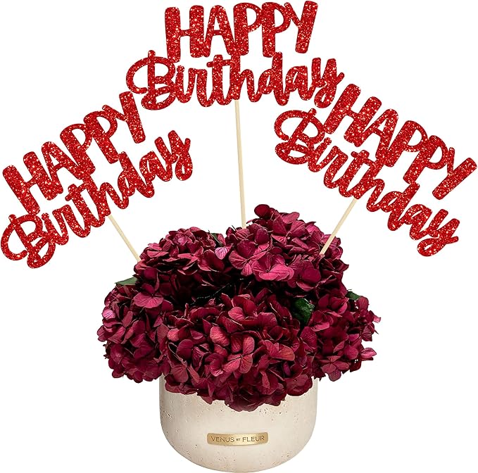 Gyufise 12Pcs Happy Birthday Centerpieces Sticks Double Sided Glitter Birthday Party Decorations Anniversary Table Flower Centerpiece for Celebrating Party Supplies Red
