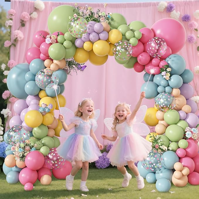 Amandir 153Pcs Spring Flower Balloons Arch Garland Kit Different Sizes 18 12 10 5inch Pink Green Yellow Dusty Blue Wildflower Balloons for Floral Baby in Bloom Shower Daisy Birthday Party Decorations