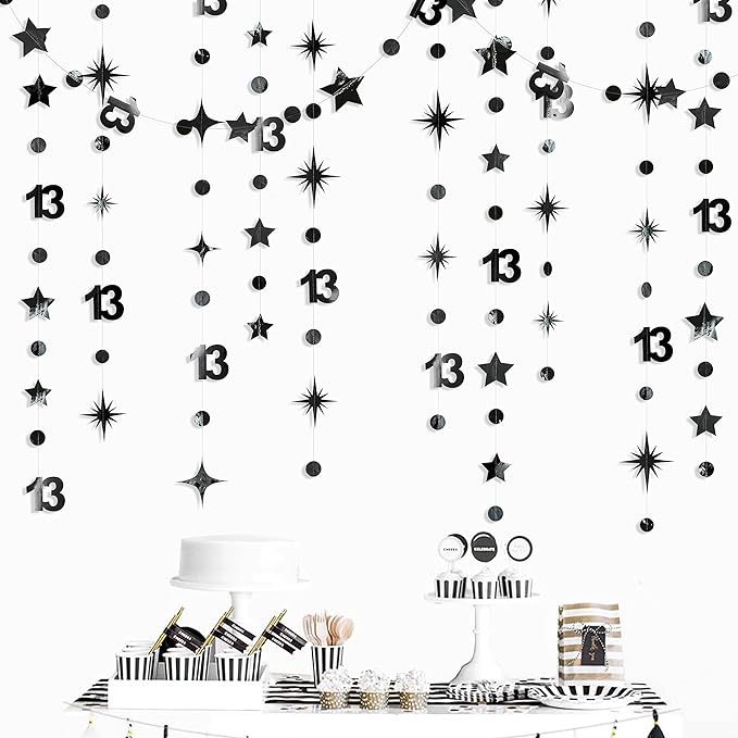 Black 13th Birthday Decorations Number 13 Circle Dot Twinkle Star Garland Metallic Hanging Streamer Bunting Banner Backdrop for Girls 13 Year Old Birthday Thirteen Official Teenager Party Supplies