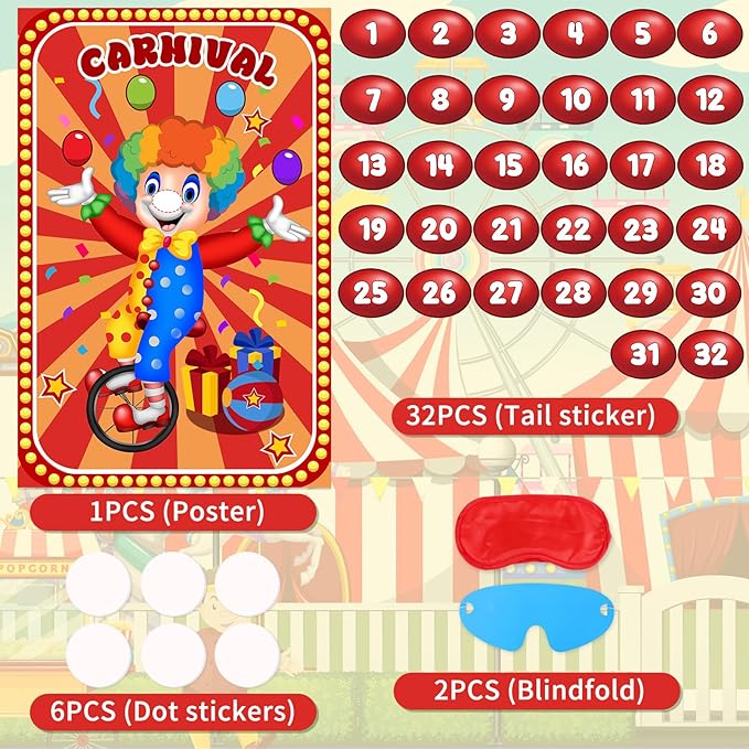 Hxezoc Circus Party Games, Pin The Noses on The Clown With 32 Pcs Nose Stickers, Large Carnival Clown Games Poster for Kids Birthday Party School Classroom Carnival Party Supplies