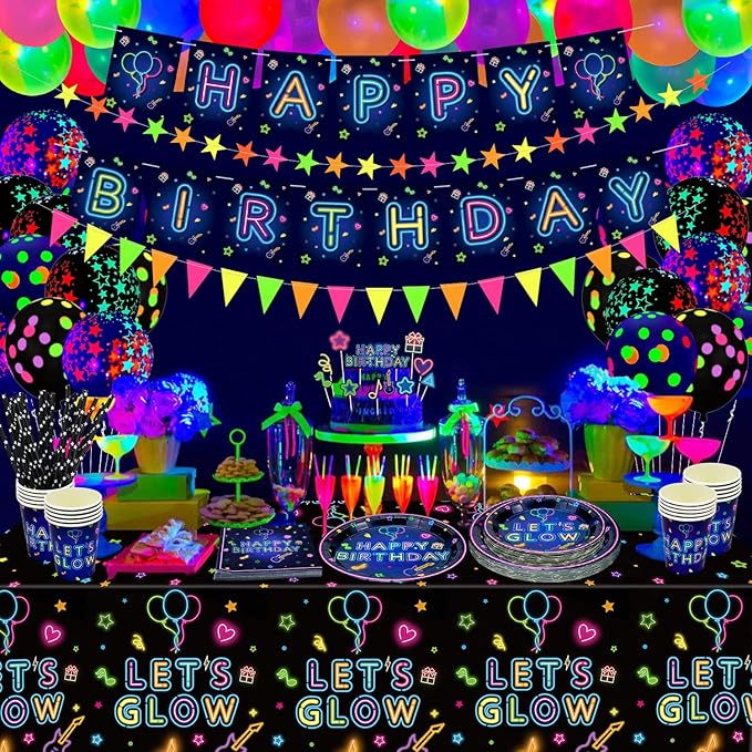 238 PCS Let's Glow Neon Party Supplies - Glow Tableware Set, Balloon Banner, Cake Toppers & Tablecloth for Blacklight Party Decoration (Serves 20)