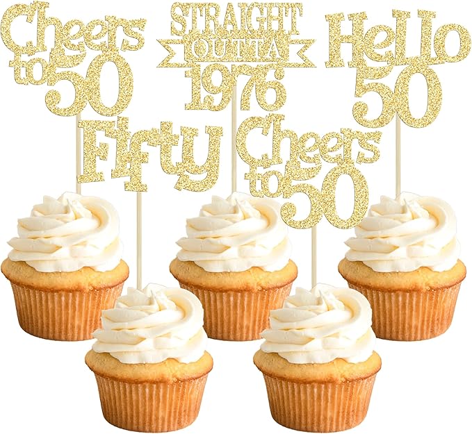 Ephlyn 24Pcs Happy 50th Birthday Cupcake Toppers Glitter Straight Outta 1976 Cupcake Picks Hello 50 Cheers to 50 Years Birthday Cake Decorations for 50th Birthday Anniversary Party Supplies Gold