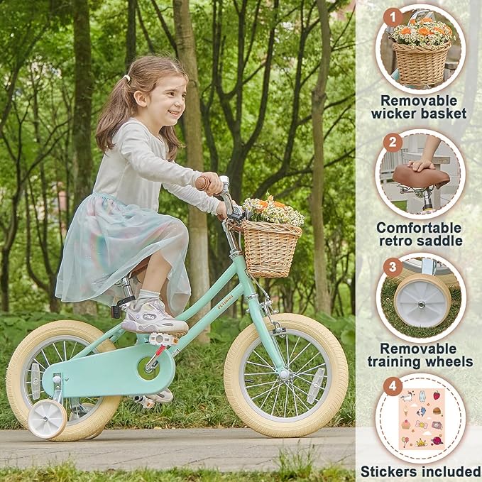Petimini Vintage Kids Bike for Girls, 12–20 Inch Classic Bicycle with Wicker Basket & Bell, High Tensile Steel Frame, Training Wheels (12–18”), 85% Pre-Assembled, Retro Bike for Outdoor Riding