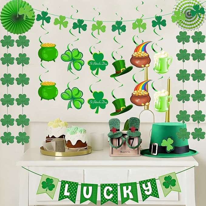 36 Pcs St Patricks Day Decorations Kit with Paper Flowers and Fan, Lucky Banner, Shamrock Garland and Shamrock Hanging Swirls Decor for Home Saint Patrick Party Supplies