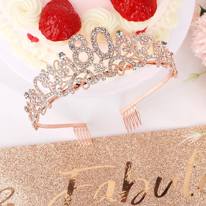 Semato 80th Birthday Decorations for Women- Birthday Crown and Sash Glitter Kit Gifts for Women Party Supplies and Favors (80th)