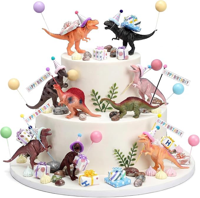Weysat 37 Pcs Dinosaur Birthday Party Decorations, Dinosaur Cake Cupcake Toppers with Mini Hats Miniature Flags Gift Boxes Balls Figure Models for Dino Themed Birthday Party Supplies Adults