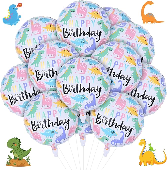 18" Dinosaur Balloons for Party Decorations, 4pcs Colorful Mylar Round Dinosaur Balloon, HAPPY Birthday Dino Foil Balloons for Kids Jungle Dino Themed Baby Shower Birthday Party Decor Supplies