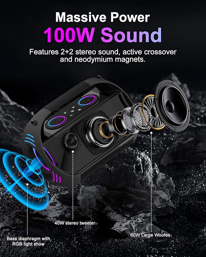 Rechargeable Karaoke Party Speaker(100W) with 2 Wireless Microphones for Adults and Kids,18000mAh,LED Light Show,HD Sound,Deep Bass,Support Recording/Bluetooth/AUX/USB/TF Play for Home,Tv,Beach,Travel